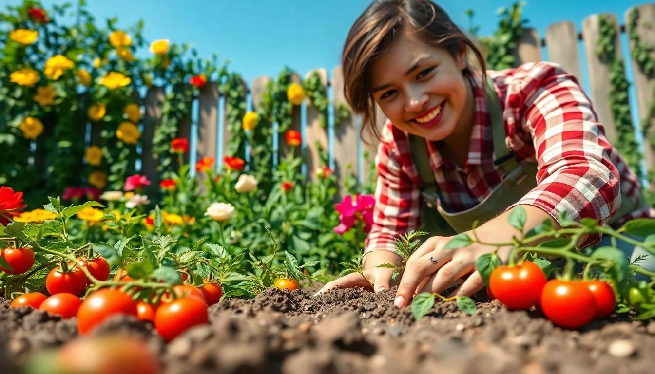 Gardening: Enthusiastic gardener nurturing a vibrant vegetable garden with colorful plants.