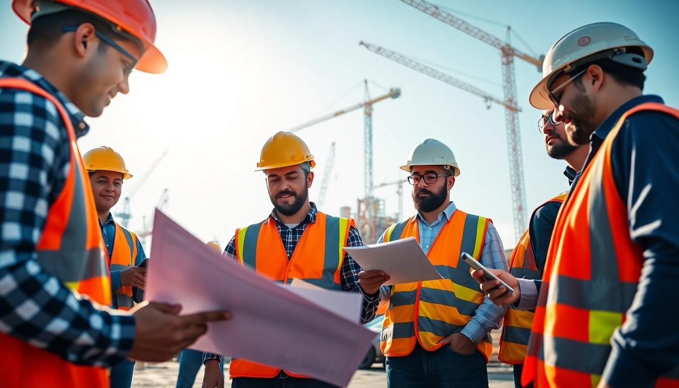 Workers engaged in careers in construction on a vibrant job site with tools and blueprints.