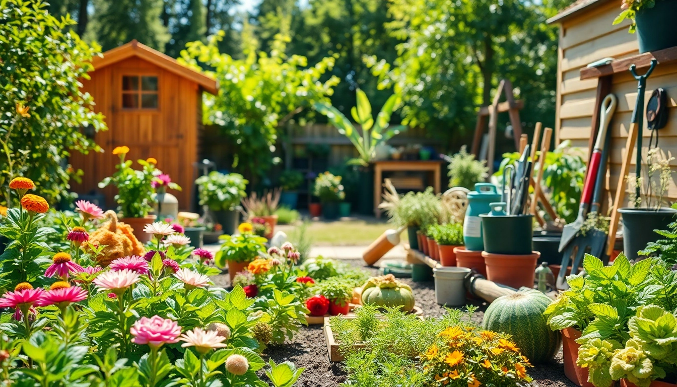 Gardening tools and vibrant plants in a backyard, showcasing gardening techniques and creativity.
