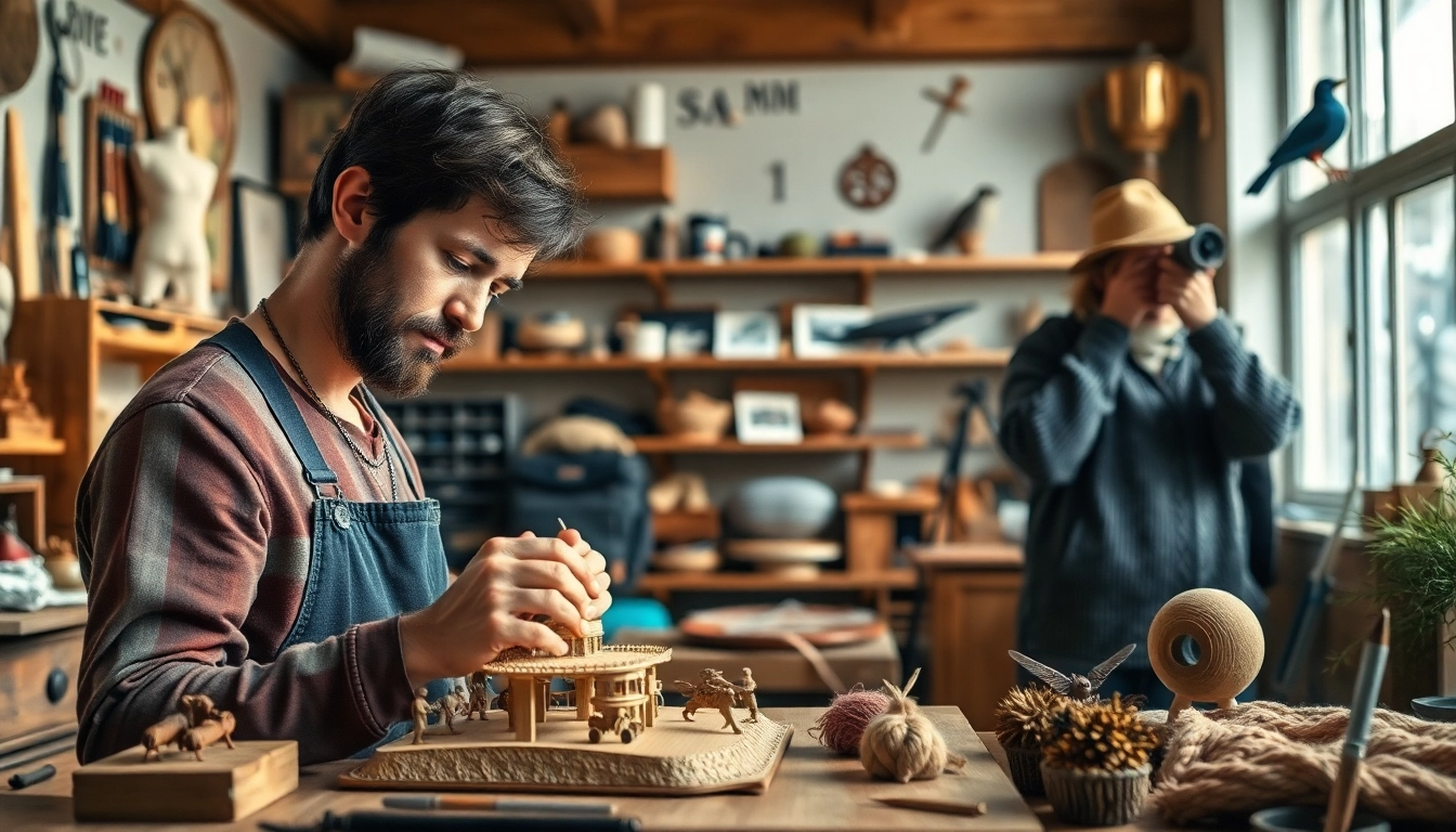Niche hobbies like model building and knitting depicted in a cozy workshop setting.
