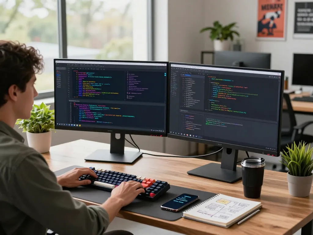 Moltbot AI developer workspace featuring a mac mini, dual monitors, and productive environment.