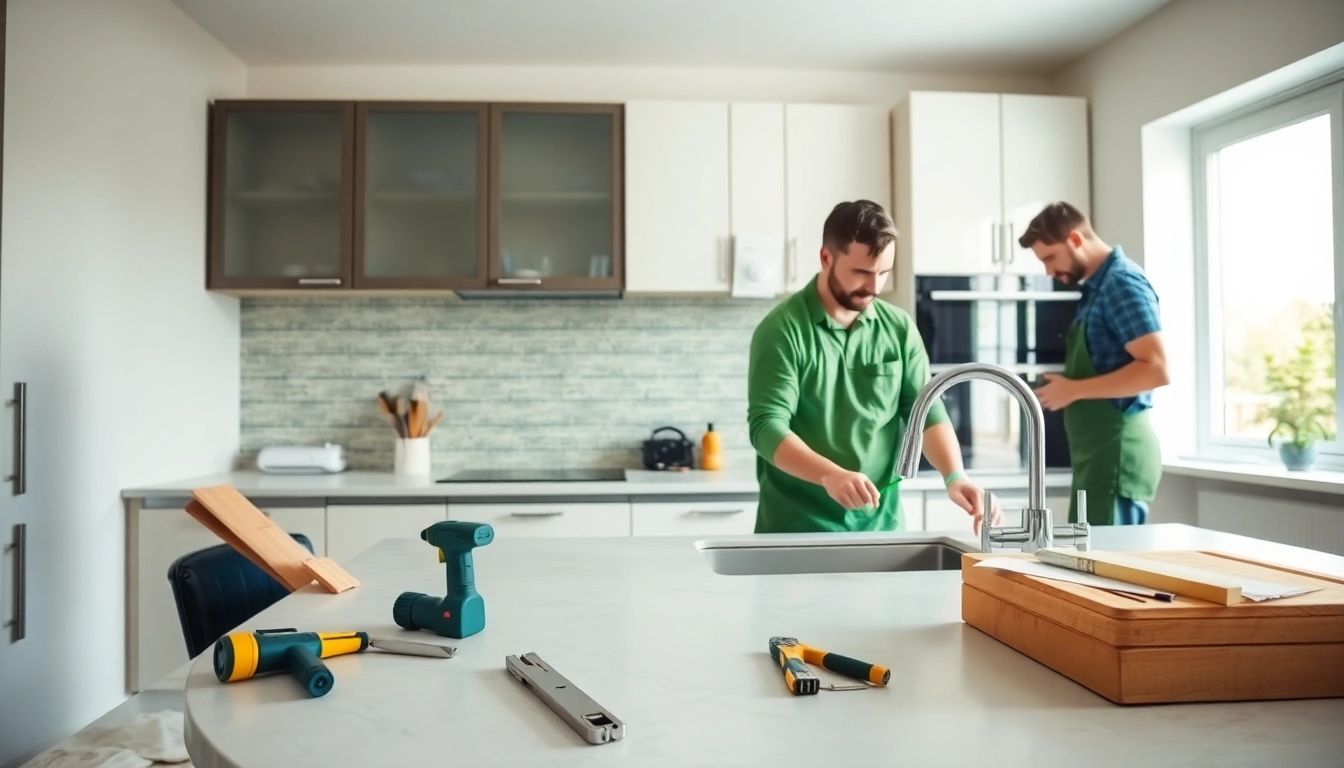 Skilled kitchen and bathroom fitters enhancing a contemporary kitchen space with modern fixtures and finishes.