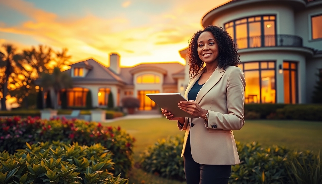 Showcasing a real estate agent highlighting a luxury home at sunset.