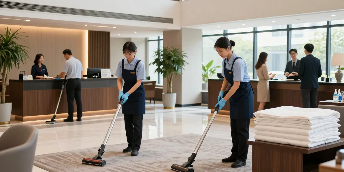 Professionelle Hotelreinigungsfirma in Dortmund bei der Arbeit in der modernen Hotel-Lobby, umweltfreundliche Produkte und frische Bettwäsche sichtbar.