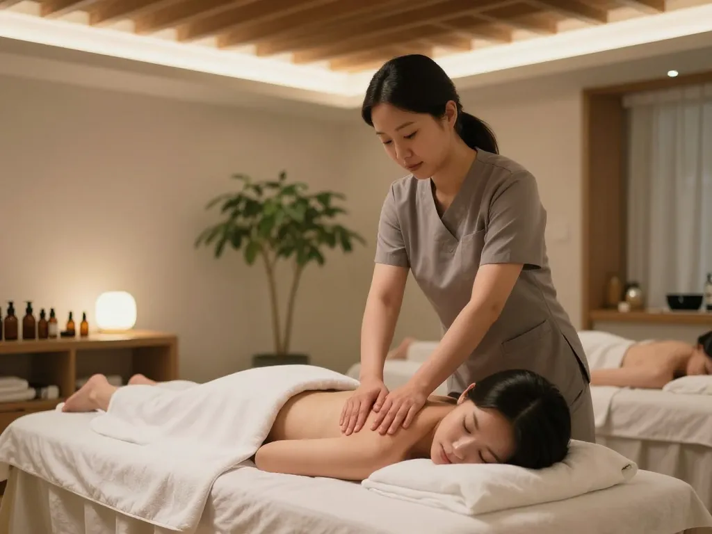 현대 스파에서 치료사와 휴식 요소가 포함된 편안한 논현동 마사지 치료 장면.