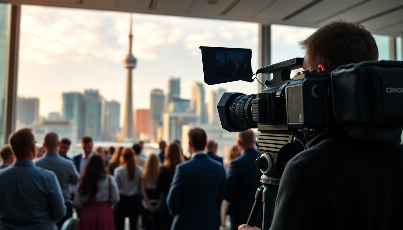 Capturing Commercial videography toronto at a corporate event with a professional videographer and urban backdrop.