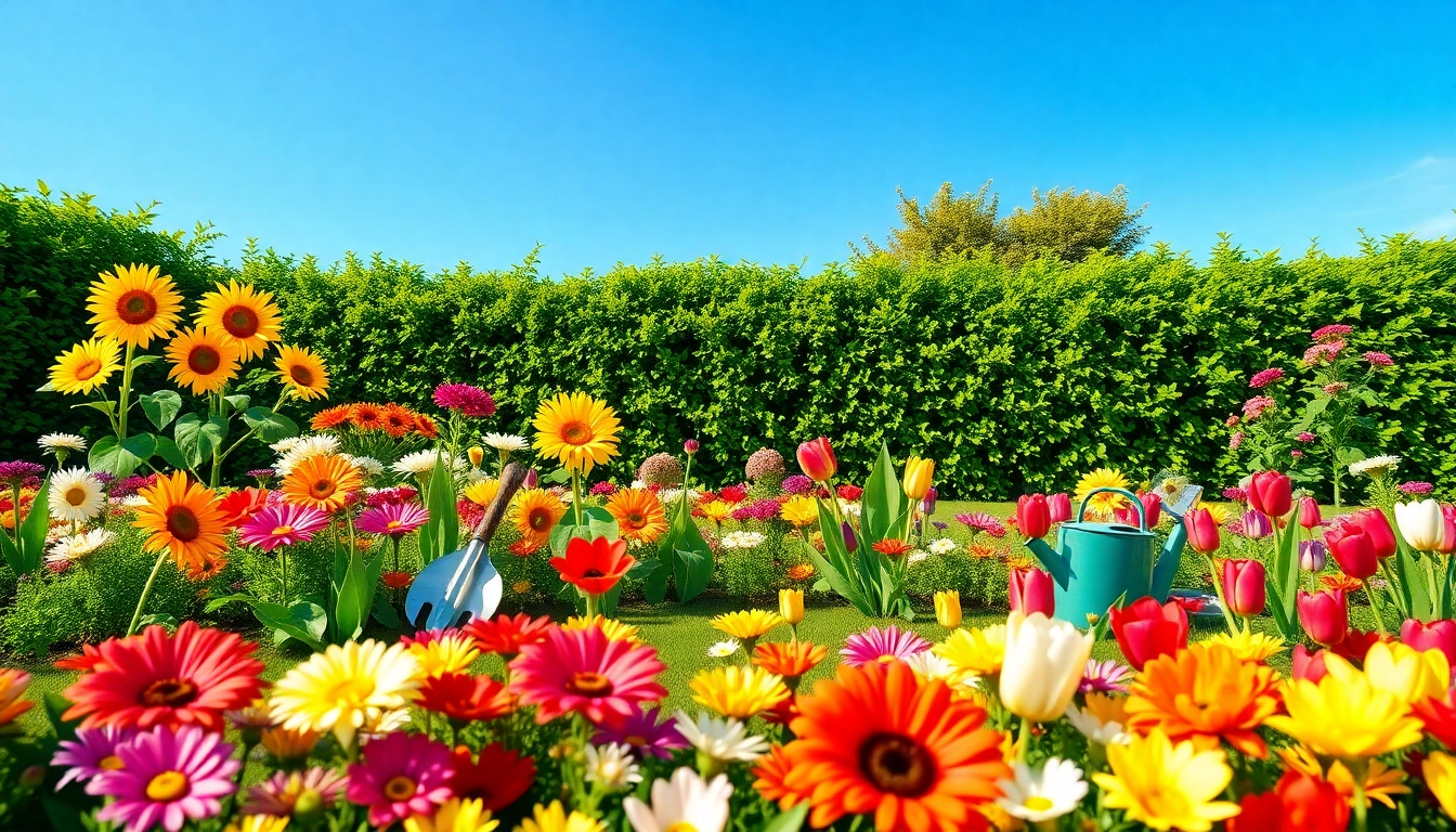 Engaging gardening scene with diverse flowers blooming in a colorful garden bed.