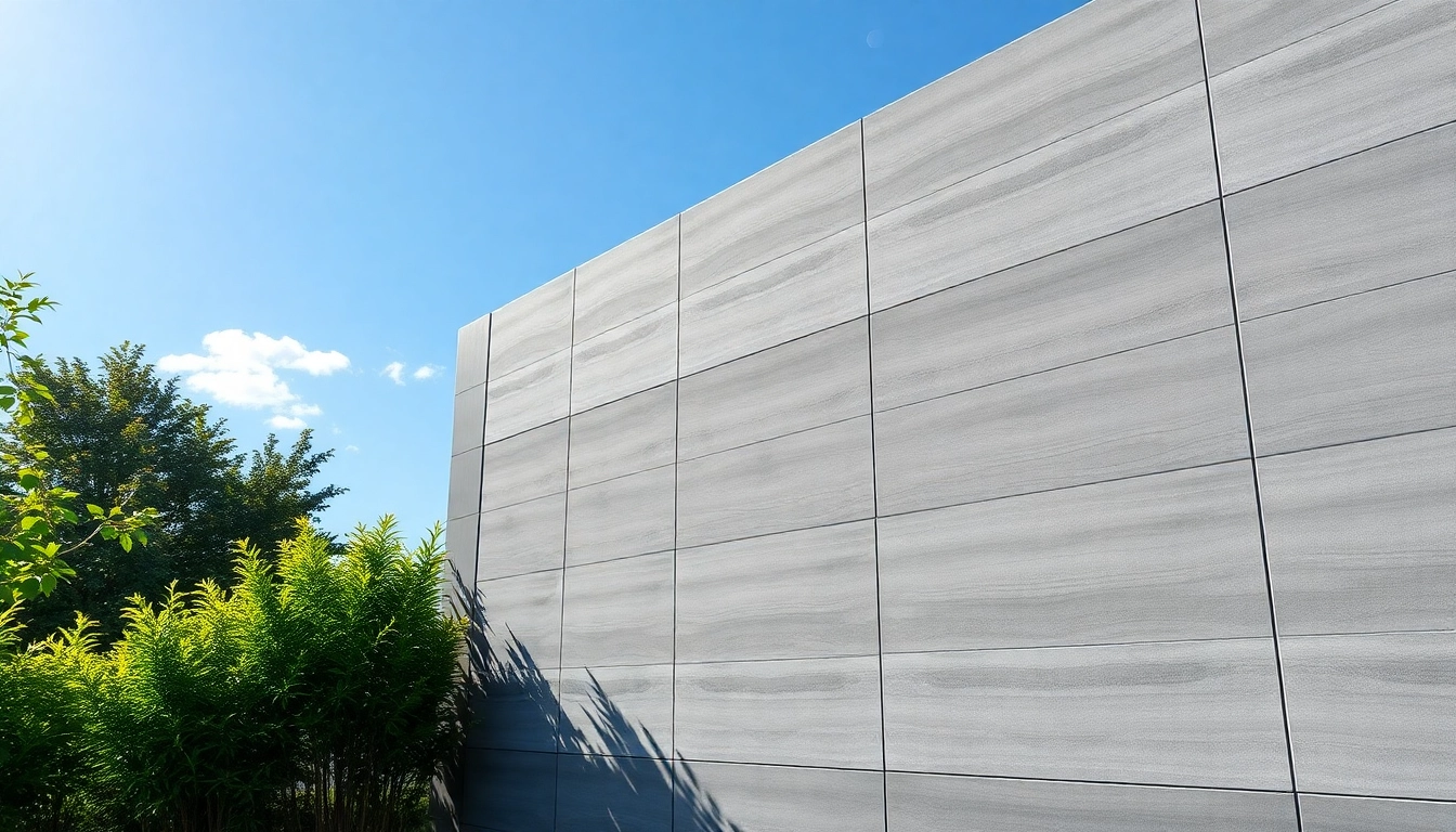 Install weather-resistant wall panels in a modern outdoor setting with greenery and blue sky.