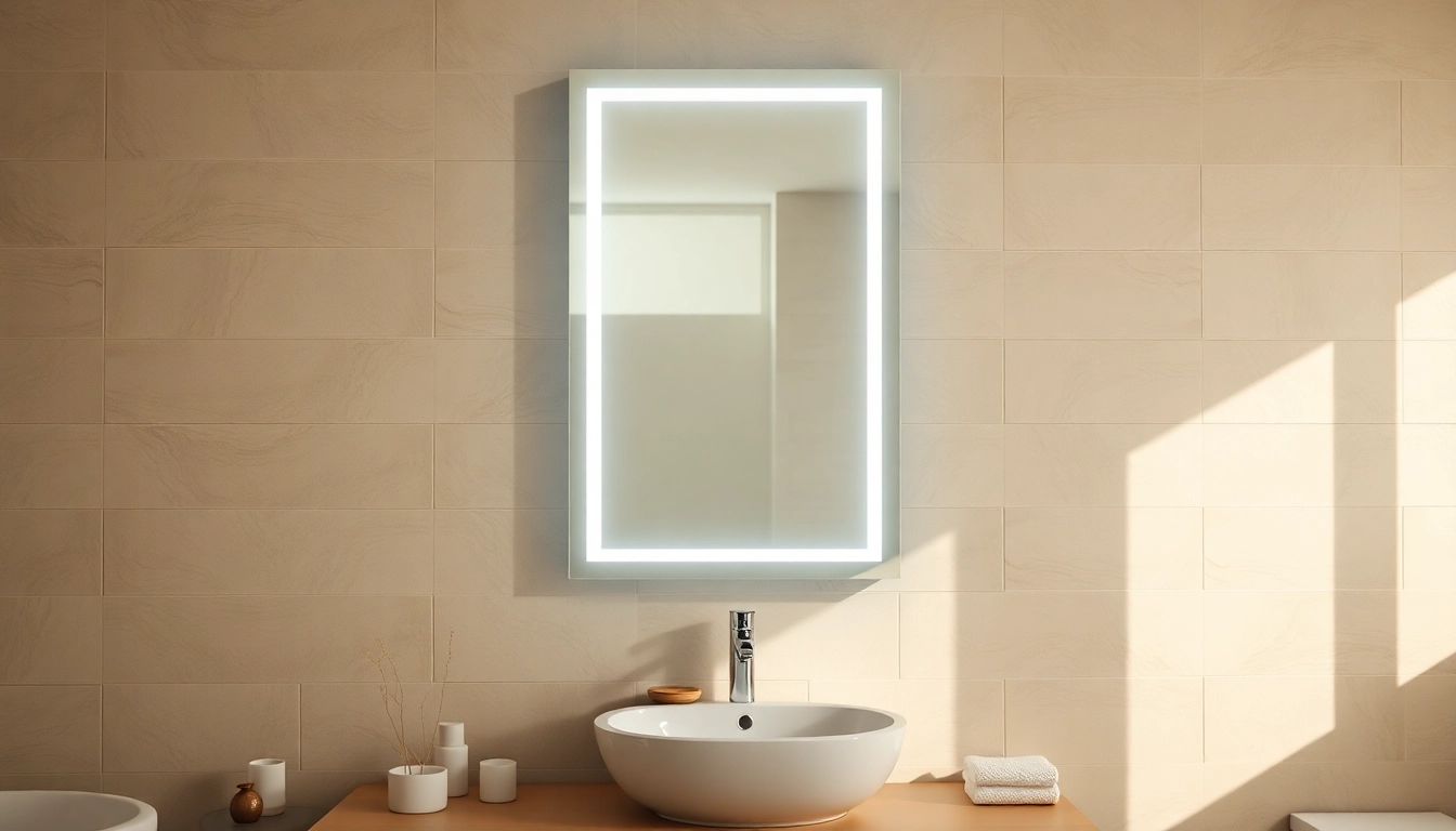 Enhanced reflection in a modern mirror and led lights illuminating a stylish bathroom.