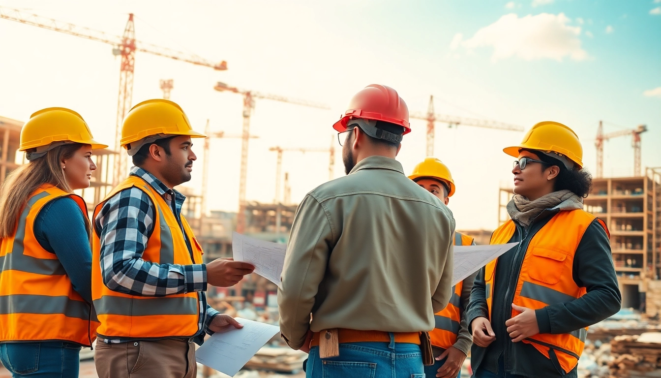 Construction workers discussing plans on-site, emphasizing careers in construction and teamwork.