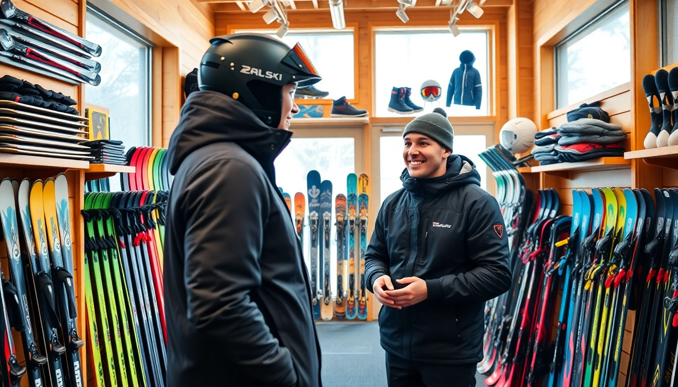 A vibrant ski shop displaying a wide range of skis, boots, and winter gear.