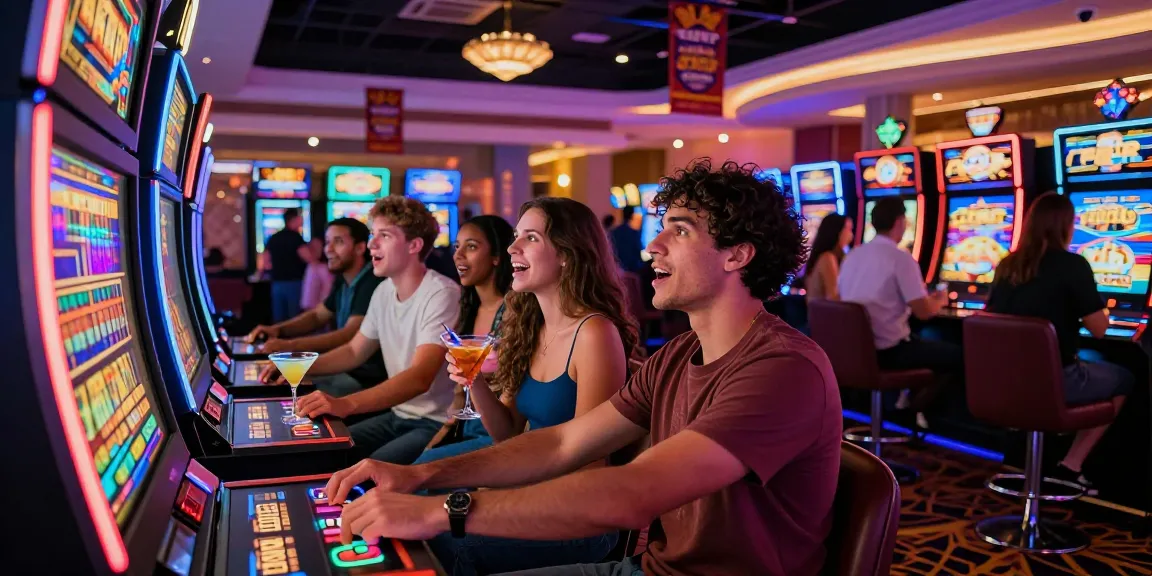 Friends excitedly playing slot machines in a vibrant casino, showcasing the thrilling gaming experience.