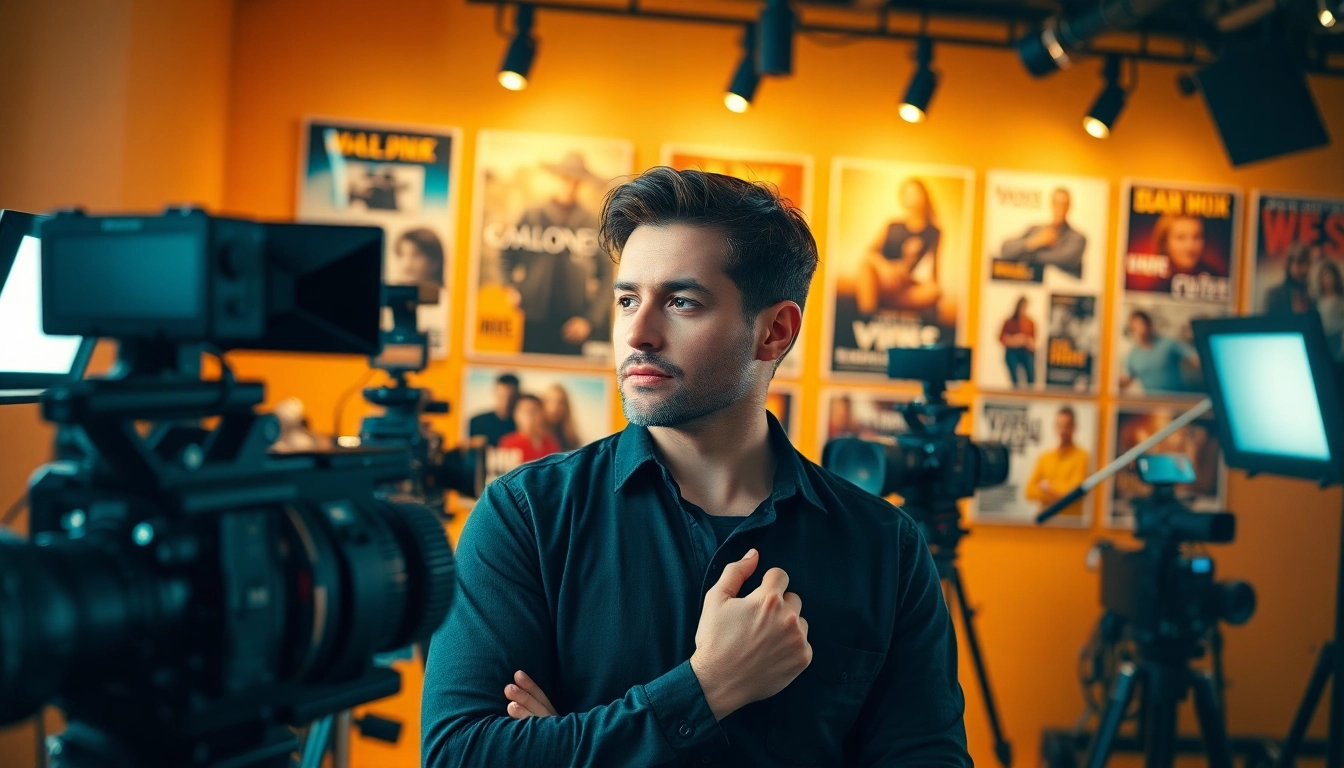 Film Maker passionately working in a modern studio filled with creative tools.