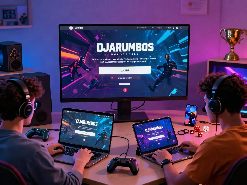 User-friendly DJARUMBOS LOGIN portal illustrated with diverse gamers interacting with devices in a vibrant gaming environment.