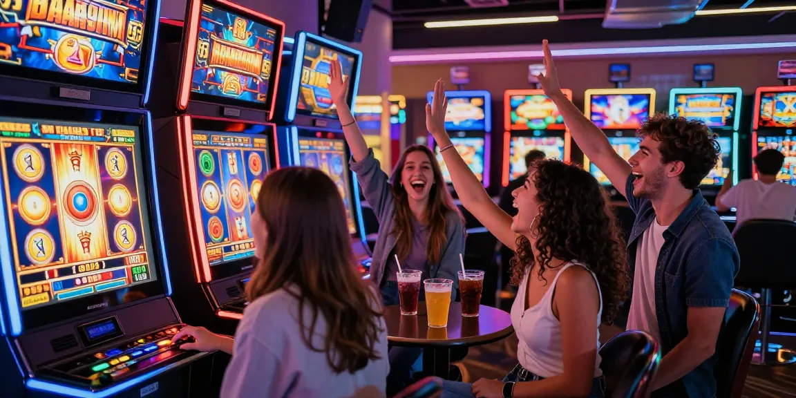 Group of friends enjoying a lively slot game experience celebrating a big win in a modern casino.