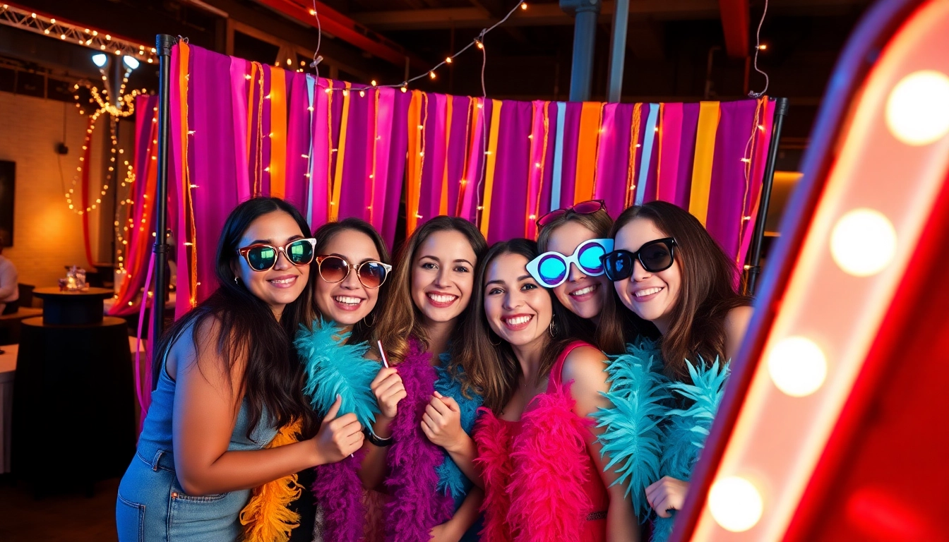 Capture moments with our photo booth chicago, featuring friends enjoying colorful props and fairy lights.