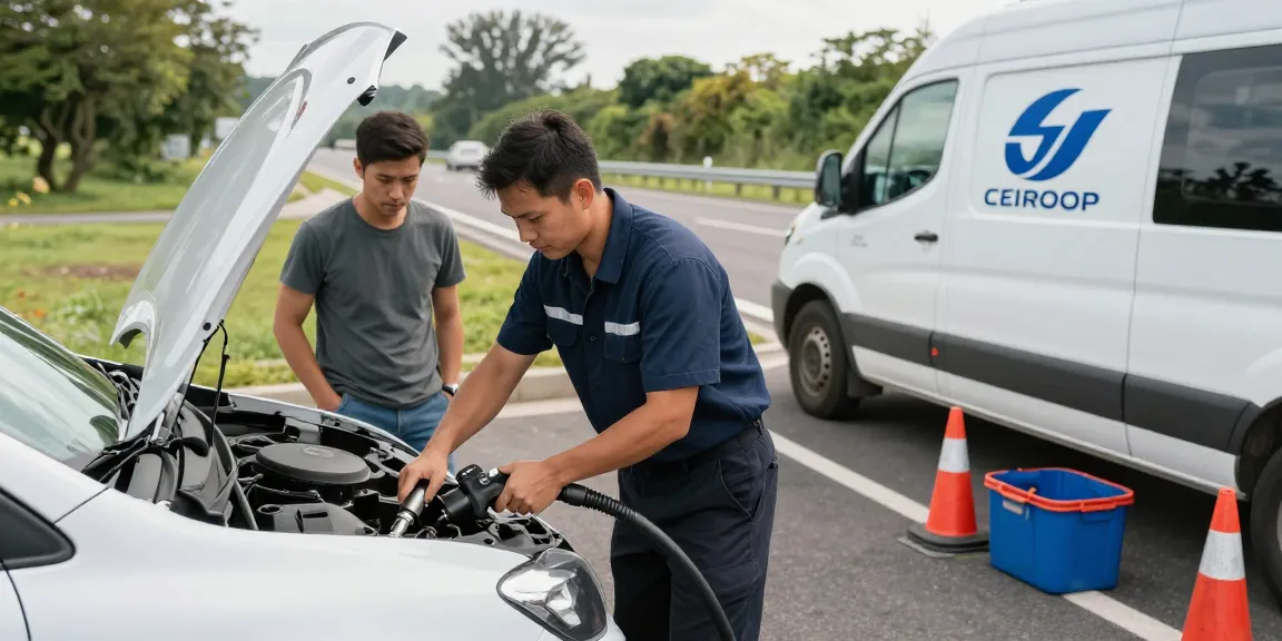 Technician draining wrong fuel in car on roadside for quick recovery service