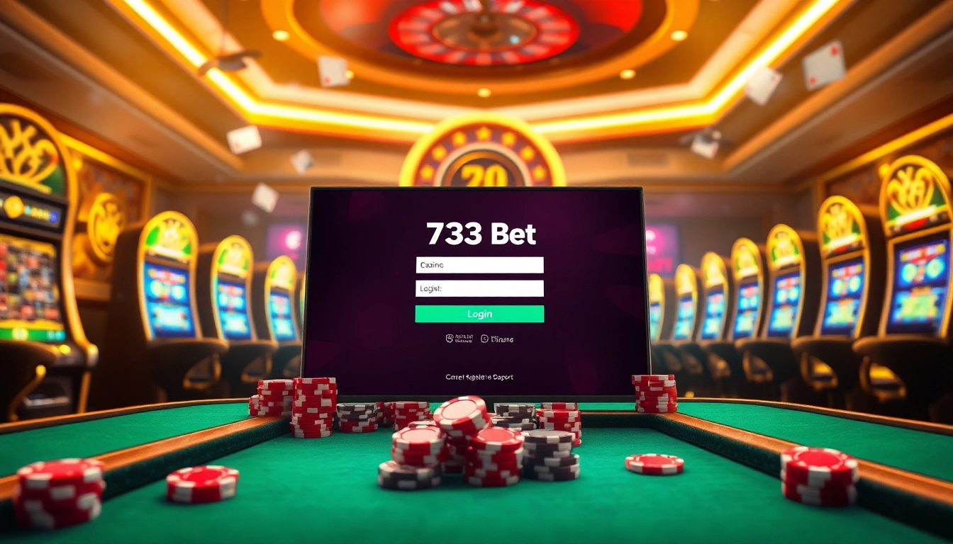 Engage with the 733bet Login page amidst a luxurious online casino environment, featuring poker chips and vibrant slot machines.