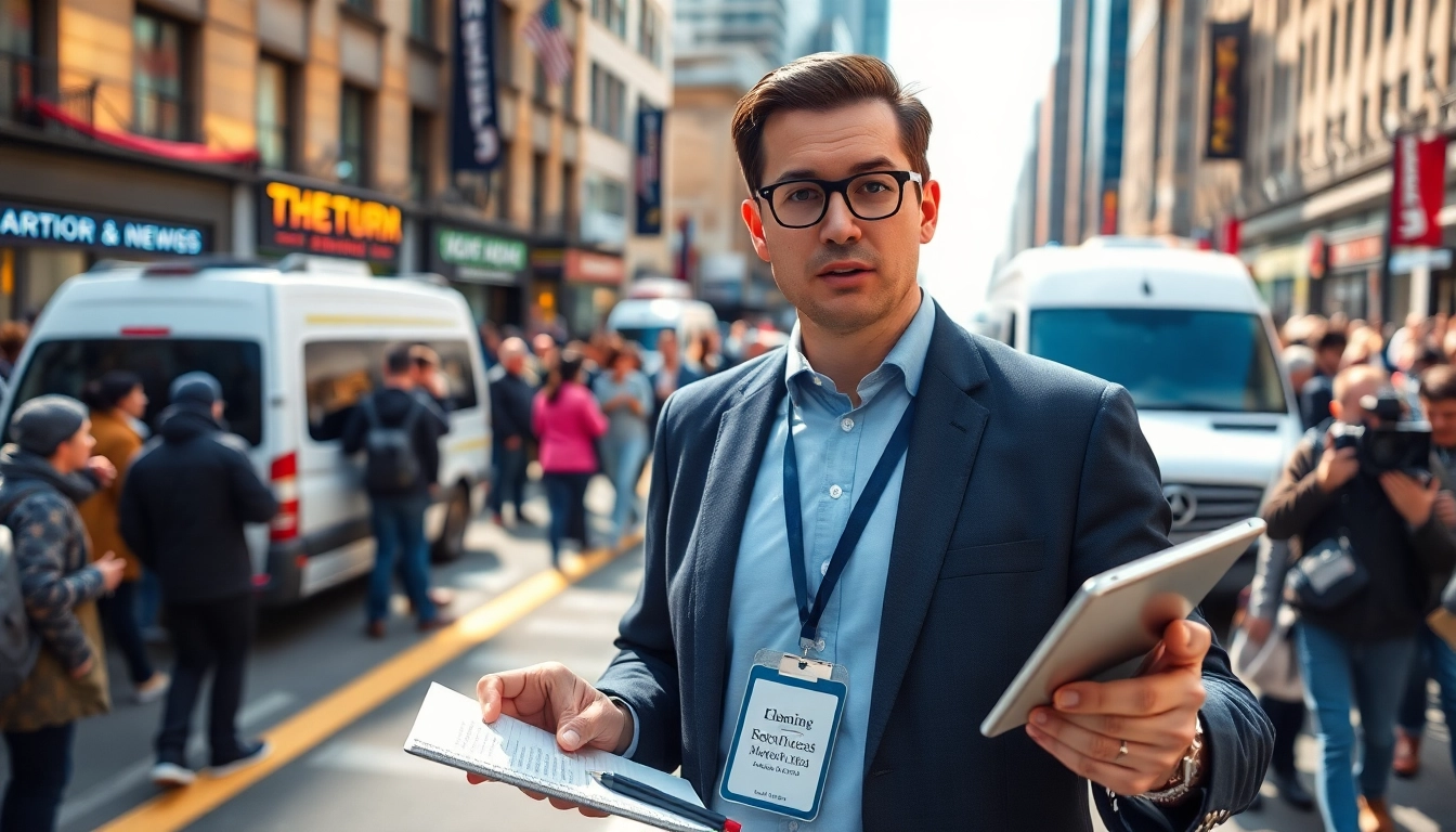 Report breaking News with journalists in a bustling urban scene highlighting urgency.