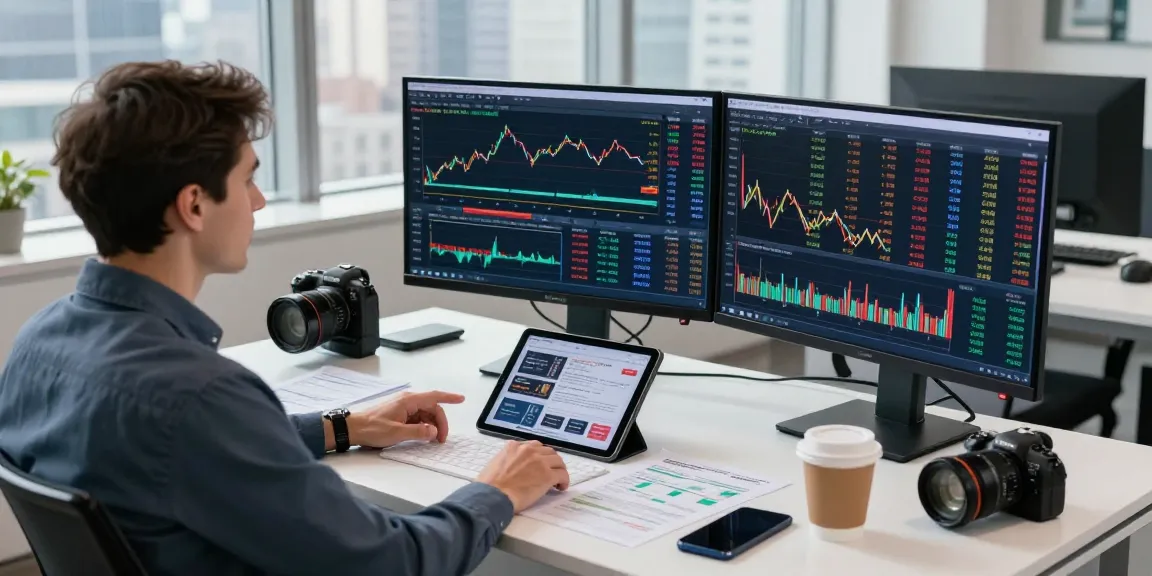 Financial analyst monitoring NASDAQ live data on screens in a dynamic workspace.