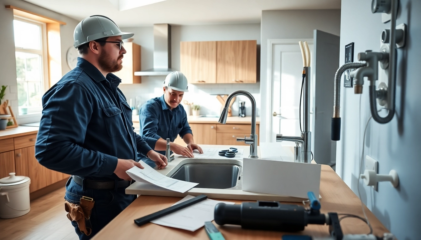 Collaborative plumbers bristol working in a modern kitchen installation project.