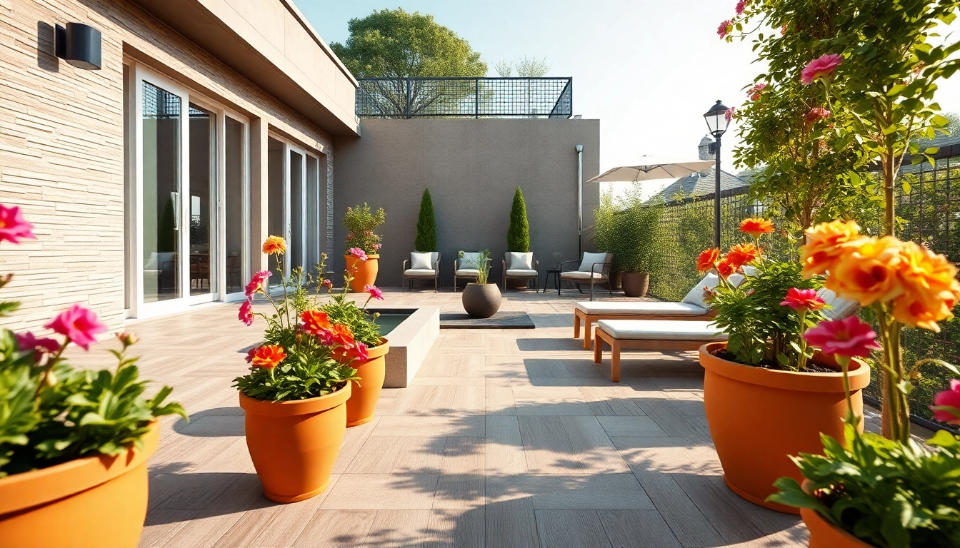 Beau carrelage extérieur sur une terrasse extérieure élégante avec du mobilier chic.