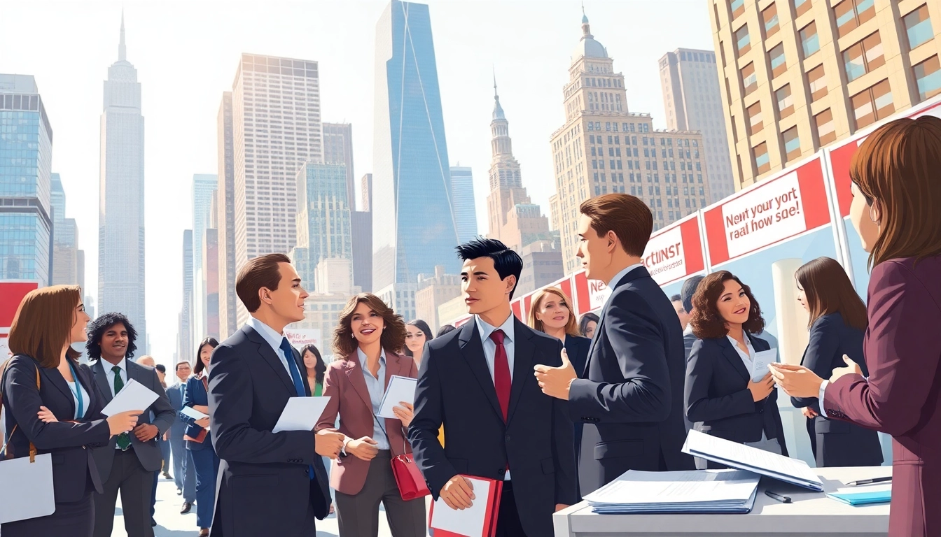 Engaging scene of jobs new york with diverse professionals networking at a bustling job fair.