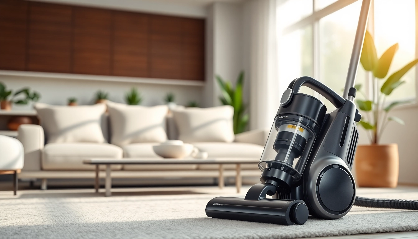 Vacuum efficiently cleaning a modern living room with ergonomic design.