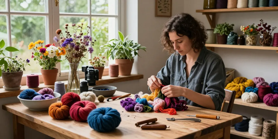 Artisan crafting with natural dyes in a vibrant workshop using botanical colors for sustainable fashion.