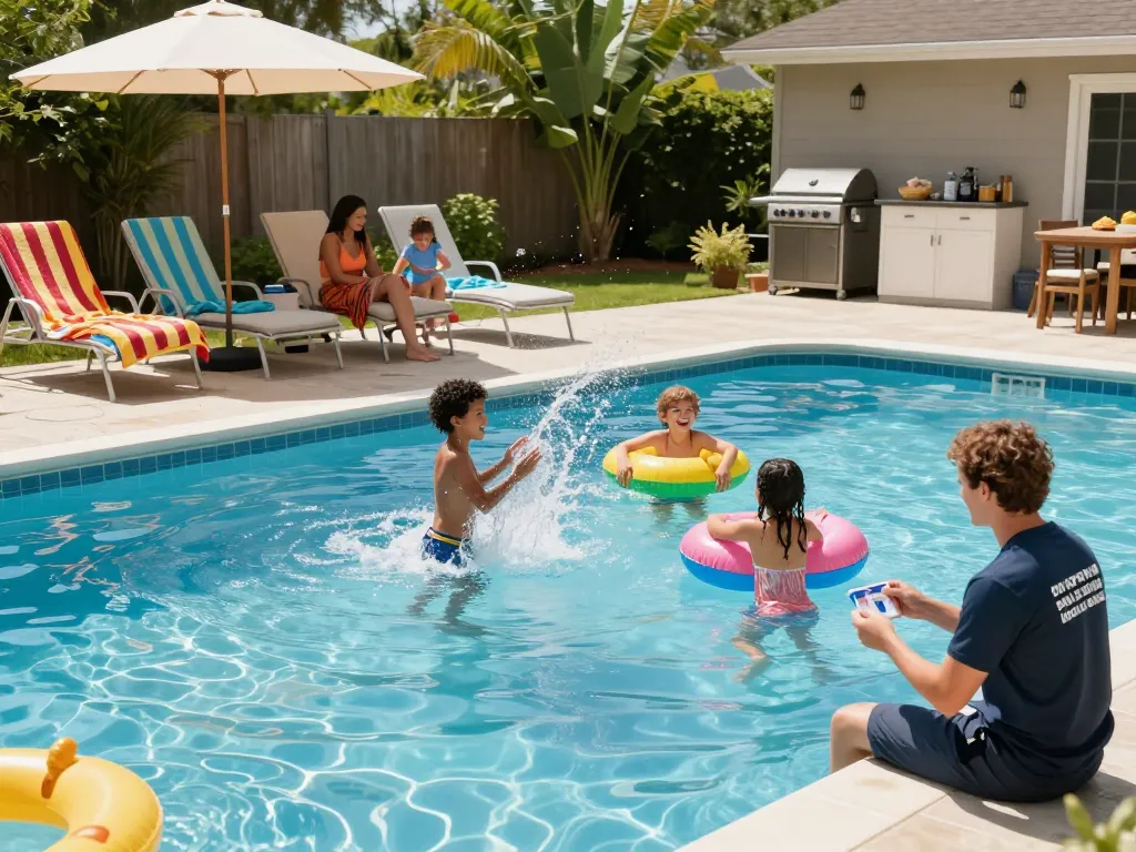 Family enjoying time by a pool, showcasing Dolphin Pool Services for summer fun.