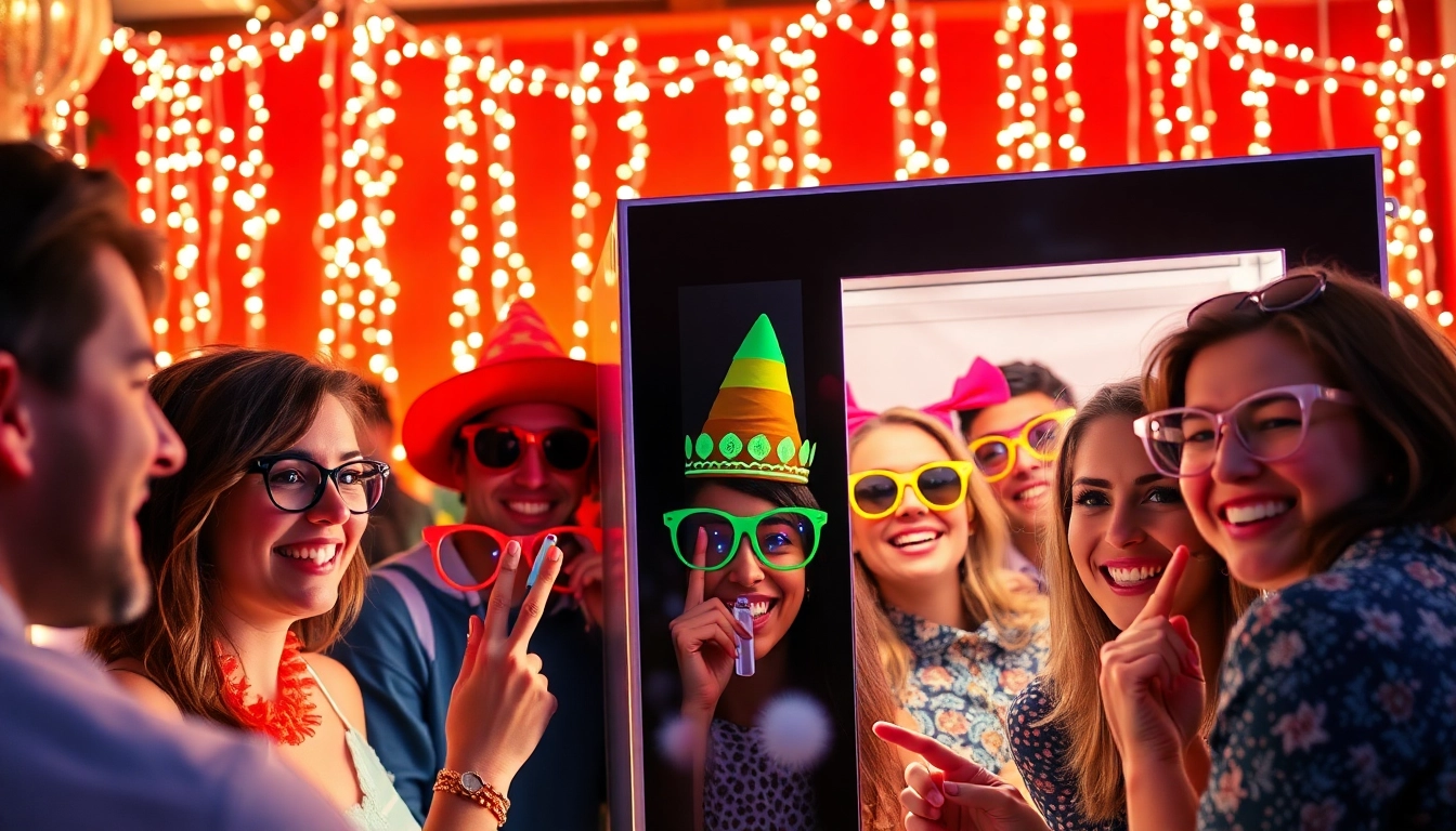 Guests enjoy a lively photo booth rental experience, surrounded by colorful props and decorations.