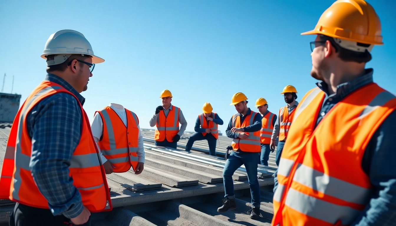 Skilled workers providing commercial roofing services on an industrial building, showcasing teamwork and safety.