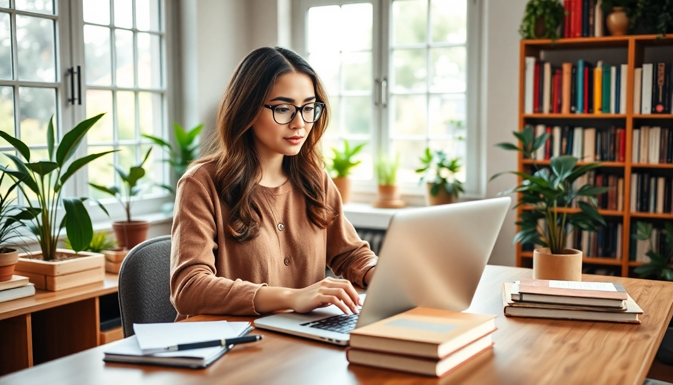 Blogger creating insightful posts for a UK Blog in a cozy home office setting.