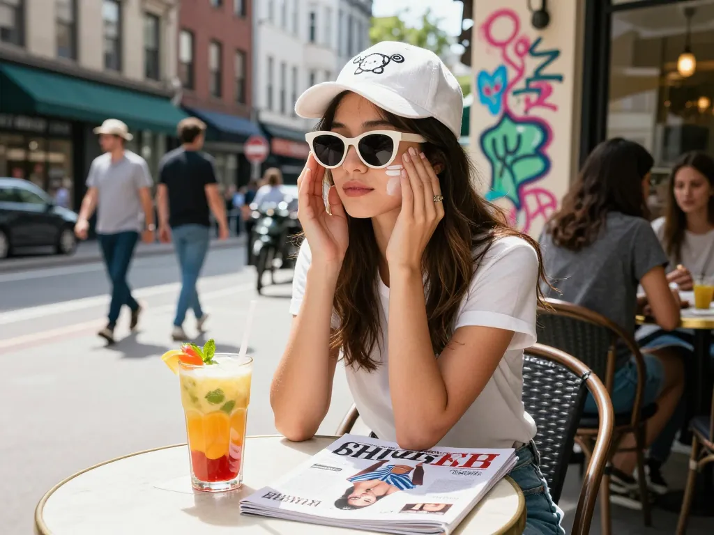 Young woman applying face SPF at a sunny urban café, capturing a stylish lifestyle moment.
