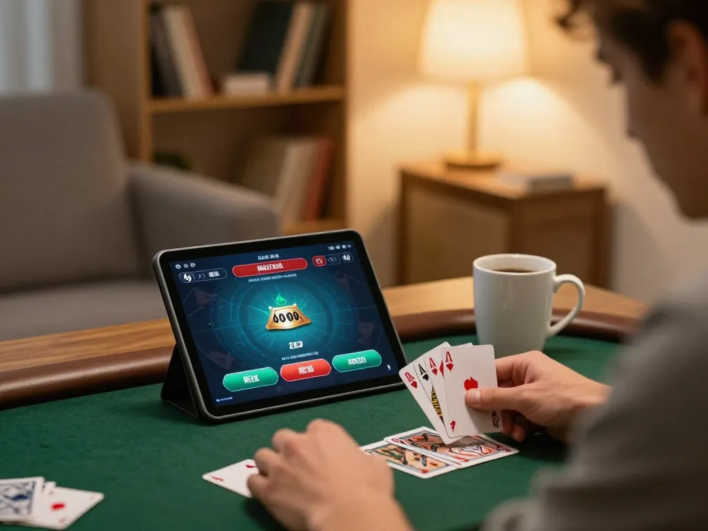 Experience strategic online poker with 98win in a cozy living room setting.
