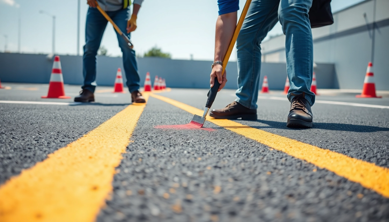 Parking lot line painting near me showing a crew applying fresh lines to asphalt.