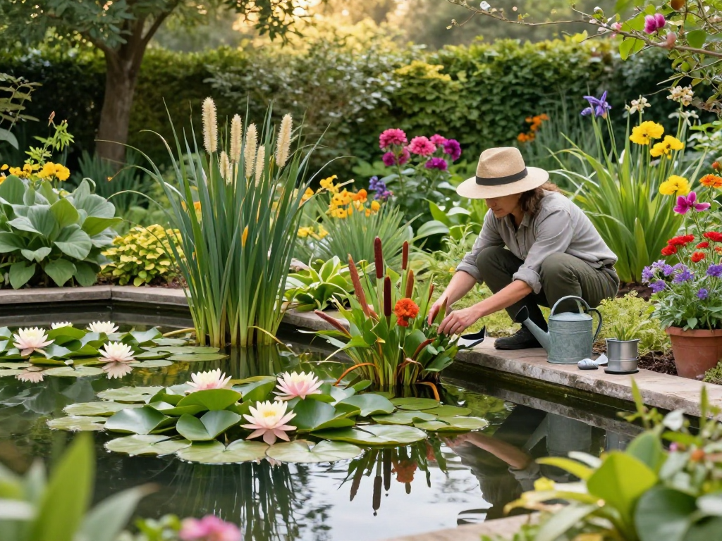 British pond plants enriched in a tranquil garden pond environment, showcasing vibrant greenery and water lilies.