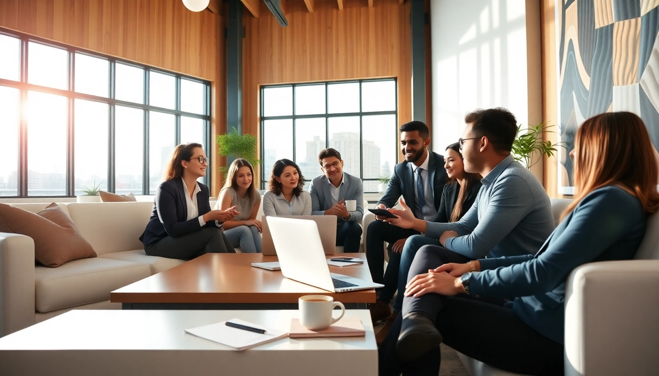 Brightet team collaborating in a vibrant workspace during a marketing strategy session.