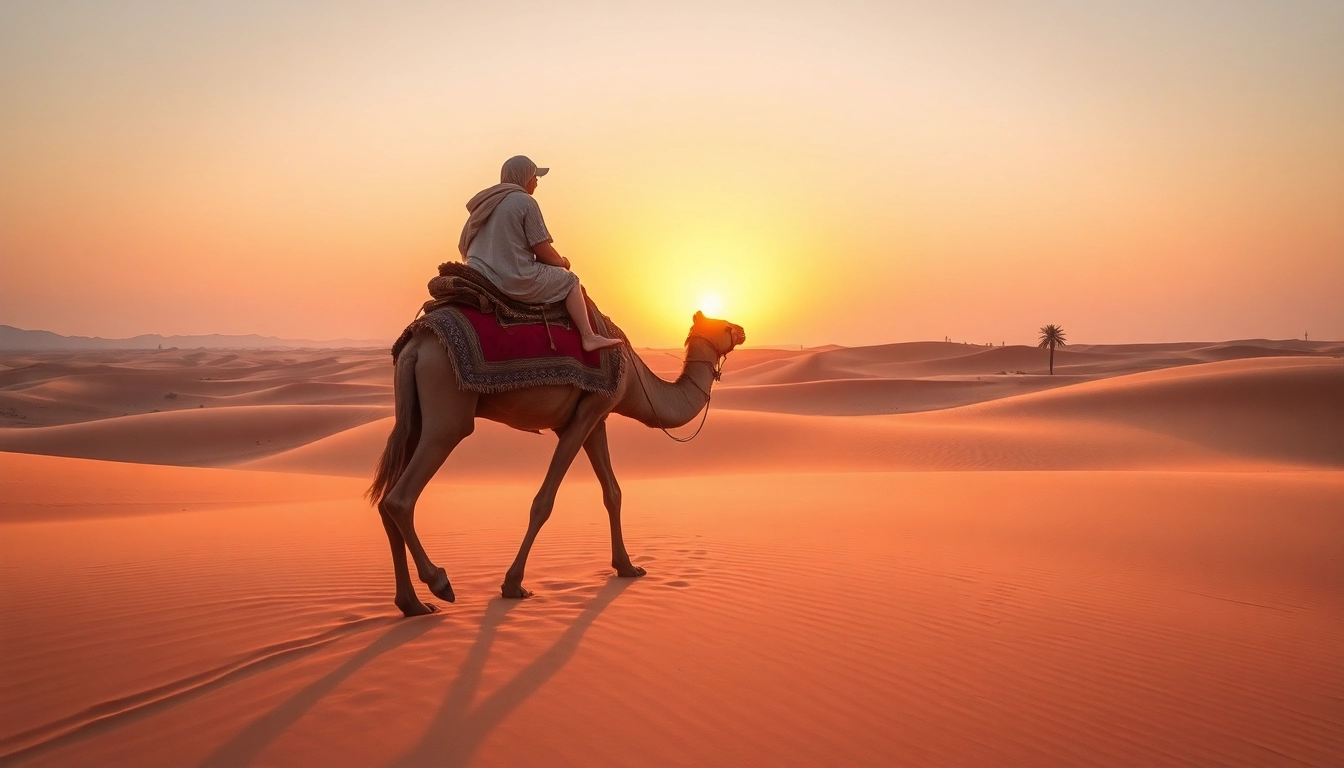 Camel ride Marrakech at sunset, showcasing a serene desert landscape and traditional Moroccan decor.