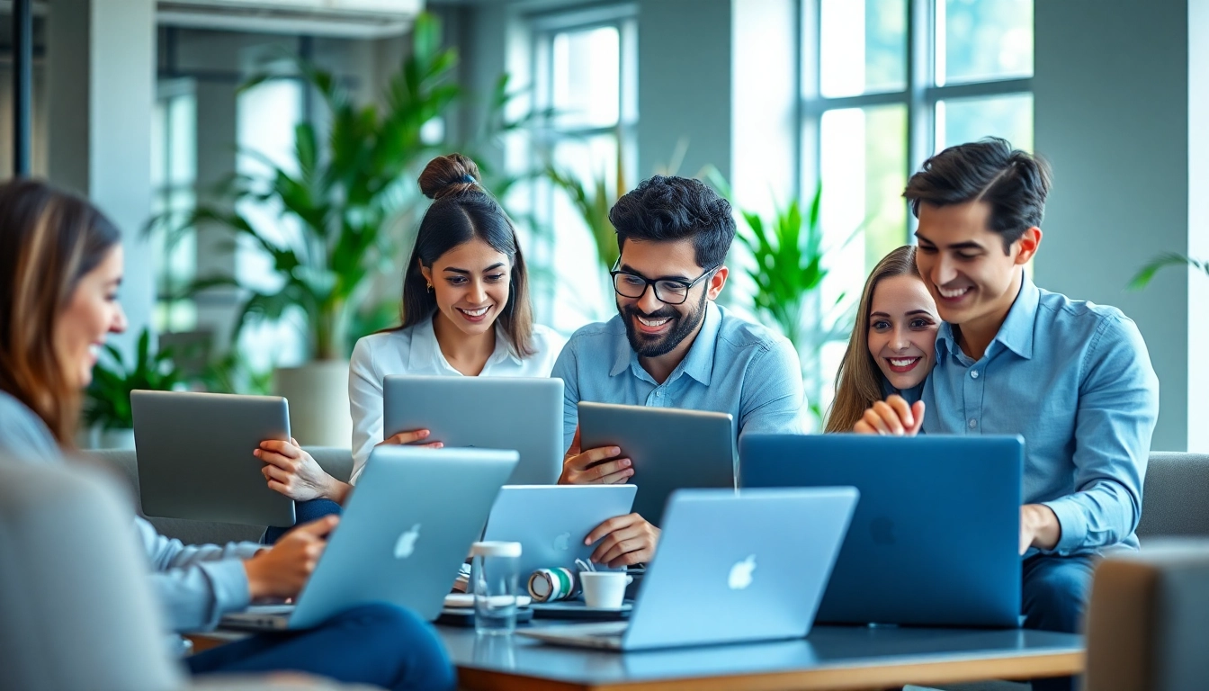 Engaged professionals at a web development company collaborating with digital technology.