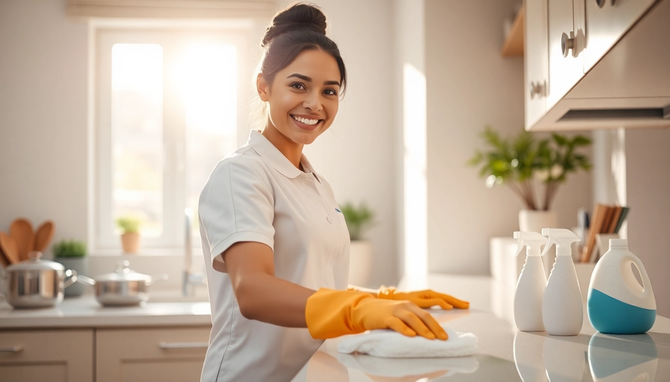 Cleaning service professional tidying up a pristine kitchen with a bright and inviting atmosphere.