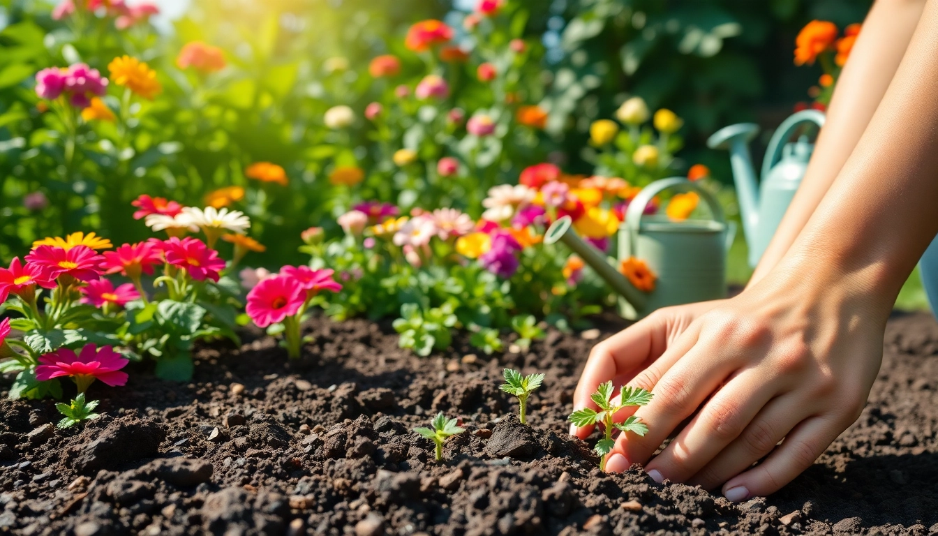 Hands planting seedlings in rich soil, showcasing the essence of Gardening.
