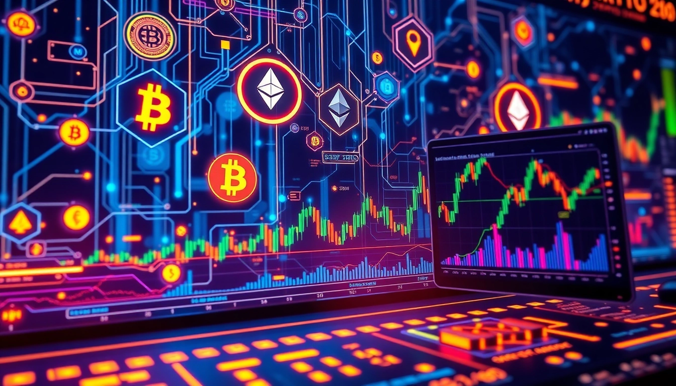 Cryptocurrency symbols, blockchain network visualization, and digital wallet interfaces highlighting innovative financial technology.