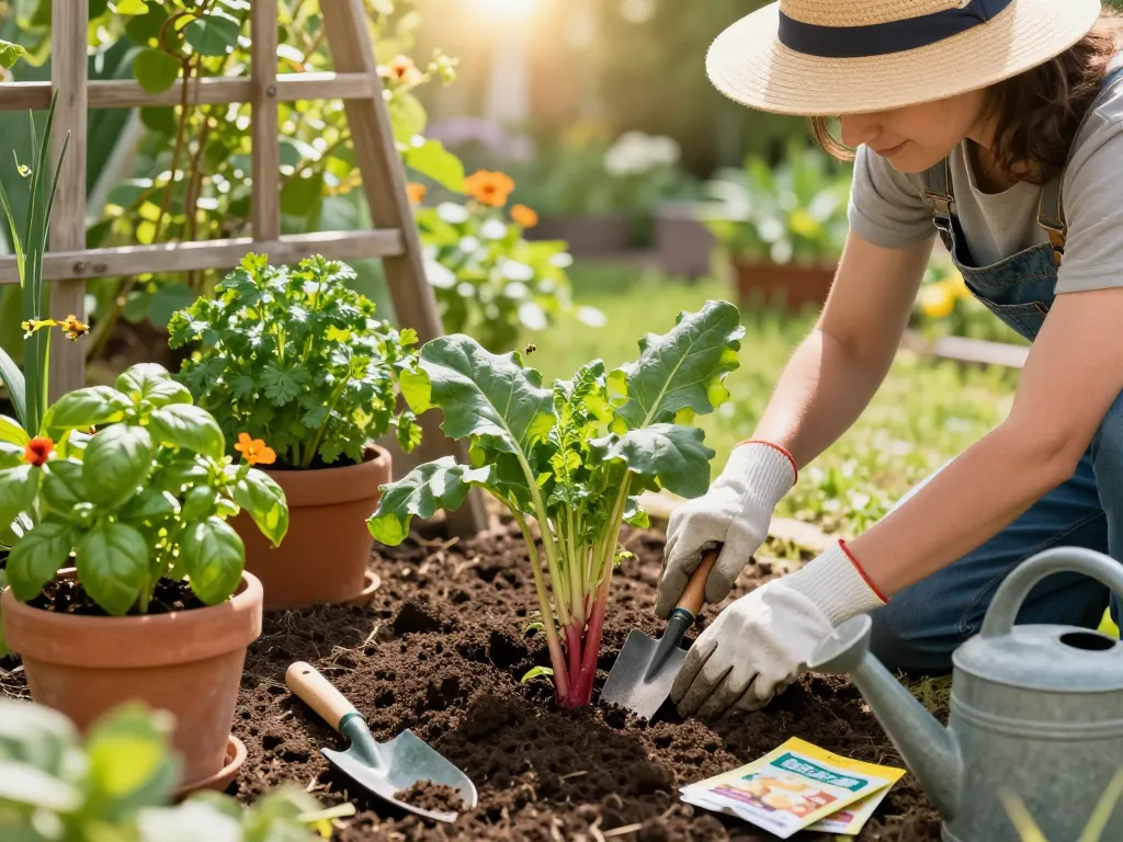 Gardener planting rabarber planten in a sunny home garden surrounded by herbs and tools.