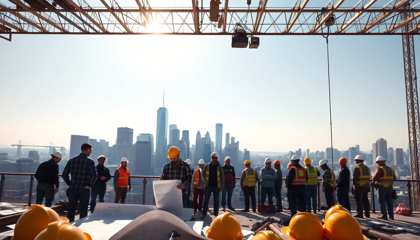 Dynamic scene of New York City Commercial General Contractor at a construction site with a lively crew.