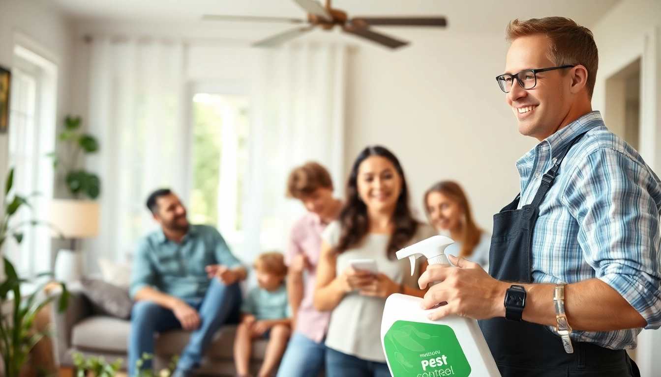 Experience family safe pest control with a technician assisting a cheerful family in their home.