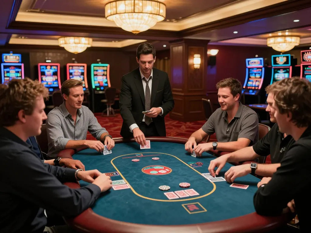 tv88 players strategizing at a poker table in a vibrant casino atmosphere