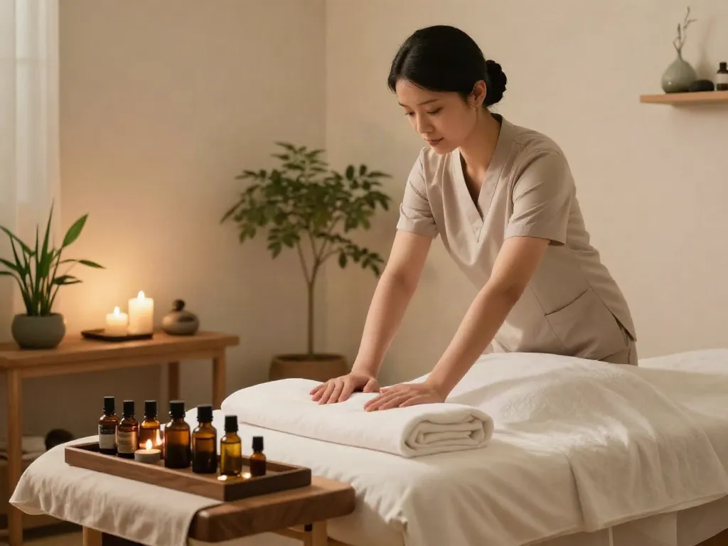 Relaxing home 오산출장마사지 setup with professional therapist and soothing ambiance