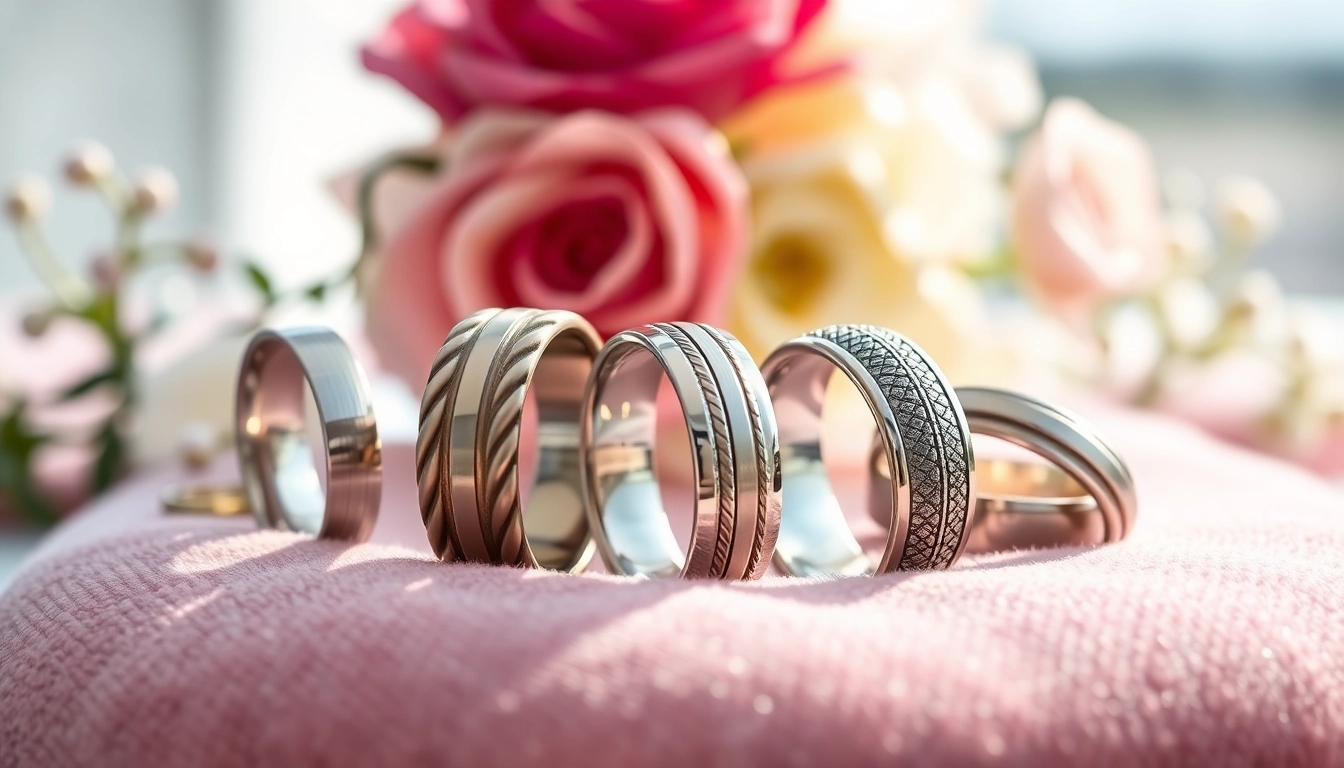 Showcase of mens wedding rings featuring diverse styles on a luxurious velvet background.