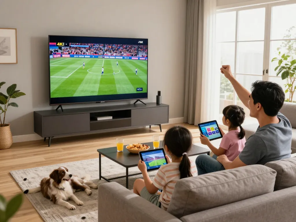 Gezin dat geniet van IPTV TV in een gezellige woonkamer met 4K sportstreaming, snacks en tablets.